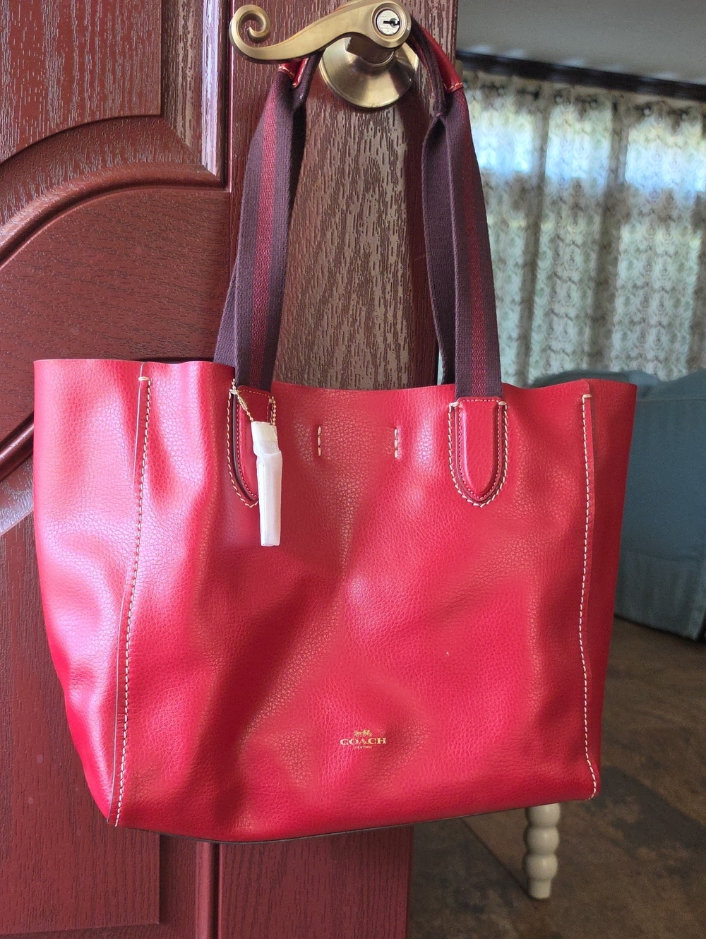 Coach Red Pebbled Leather Tote with Contrast Brown Straps